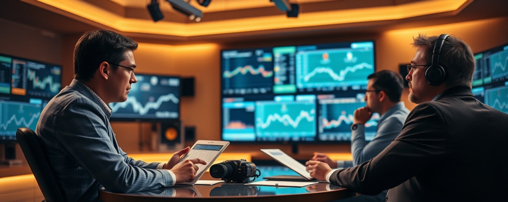 insightful sports news commentary, thoughtful, analyzing statistics, photorealistic, cozy studio with multiple screens, highly detailed, experts discussing, extreme detail, cool neutral colors, soft ambient lighting, shot with a 105mm macro lens.