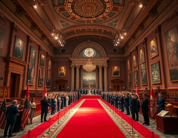 elegant induction hall, celebratory, filled with celebrities, photorealistic, spacious museum with historical artifacts, highly detailed, red carpet and spotlights, ultra-sharp, soft tones, spotlight lighting, shot with a wide-angle lens.