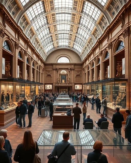 prestigious fame museum, revered, people admiring displays, photorealistic, intricate exhibition spaces, highly detailed, bustling atmosphere and glass showcases, macro precision, warm, diffused lighting, shot with a 50mm lens.