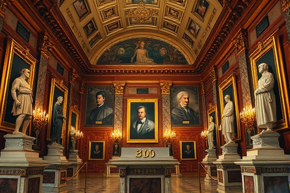 historic hall honor, solemn, highlighting notable figures, photorealistic, opulent interior with marble statues, highly detailed, gilded frames and plaques, crisp clarity, golden, dramatic lighting, shot with a telephoto lens.