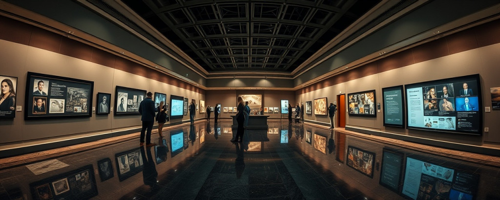renowned hall honor, reflective, curators discussing exhibitions, photorealistic, elegant museum ambiance, highly detailed, interactive displays and digital panels, stunning contrast, cool, natural daylight, shot with a fisheye lens.