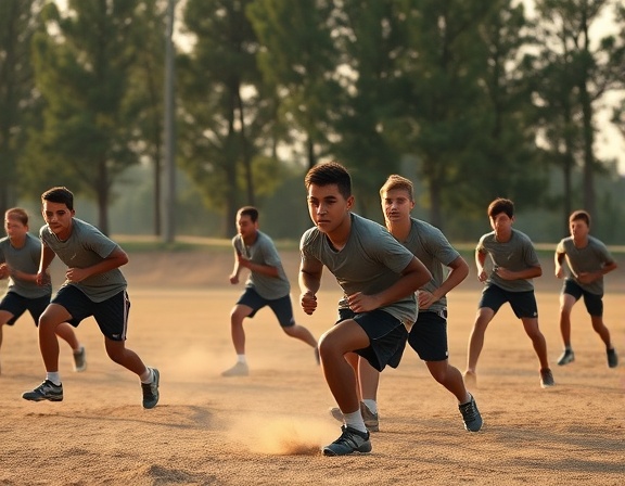 dedicated young athletes, determined expressions, practicing drills, photorealistic, an open field with tall trees lining the perimeter, highly detailed, dust rising from their feet, telephoto lens, soft earth tones, late afternoon golden light, shot with a 70-200mm lens.