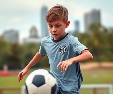 focused youth soccer player, stern determination, skillfully dribbling, photorealistic, urban park with city skyline in the background, highly detailed, soccer ball in motion blur, 35mm prime lens, contrasting colors, soft shadow lighting, shot with a 35mm f/1.4 lens.