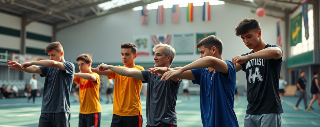 aspiring young athletes, friendly camaraderie, stretching together pre-competition, photorealistic, community sports center with banners and flags, highly detailed, slight breeze moving clothing, 28mm wide-angle lens, natural soft colors, diffused morning light, shot with a 28mm f/2.8 lens.