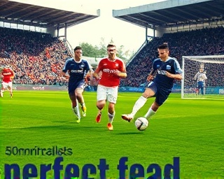 dynamic soccer game, team collaboration, executing a perfect pass, photorealistic, green field with cheering crowd, highly detailed, flying grass particles, crisp image, team colors, mid-morning lighting, shot with a 50mm lens.