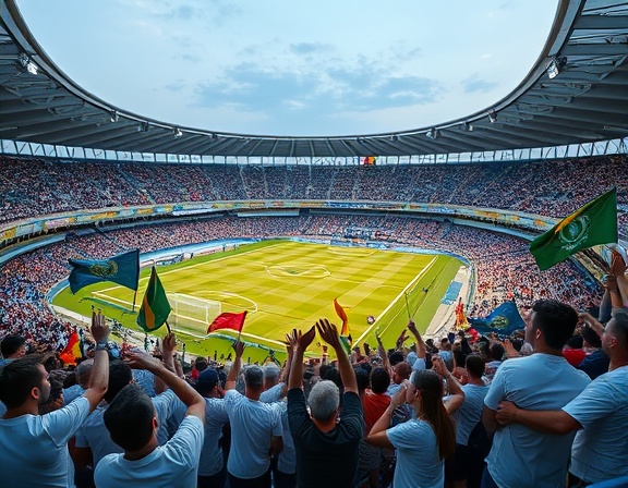 modern sports hub, enthusiastic, fans cheering, photorealistic, surrounded by state-of-the-art facilities and green spaces, highly detailed, waving flags and banners, ISO 100, cool colors, ambient light, shot with a 35mm lens.