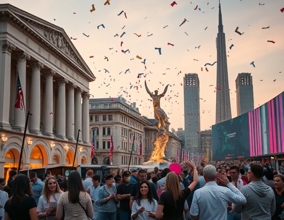 bustling hub events, joyful, participants engaging in activities, photorealistic, against a backdrop of iconic architecture and sculptures, highly detailed, scattered confetti in mid-air, f/2.8 aperture, pastel colors, twilight lighting, shot with an 85mm lens.