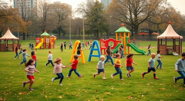 festive hub activity, animated, kids playing in a field, photorealistic, vibrant playground with colorful equipment and green lawns, highly detailed, wind-swept leaves, aperture f/4, earthy colors, overcast lighting, shot with a 28mm lens.
