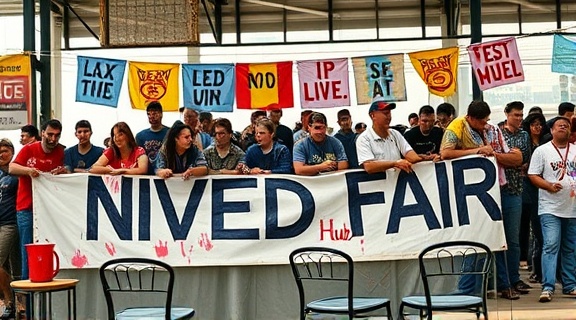 dedicated hub fan, intense, fans painting banners, photorealistic, casual community area with tables and chairs, highly detailed, paint splatters, ISO 200, neutral tones, bright daylight, shot with a 50mm lens.