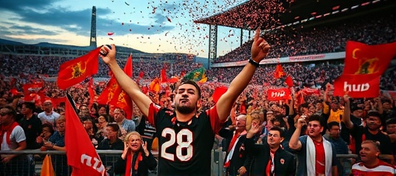 spirited hub fan, ecstatic, wave of cheers in the crowds, photorealistic, stands filled with a sea of cheering fans waving flags, highly detailed, falling confetti, ISO 320, vivid colors, dusk lighting, shot with a 100mm lens.