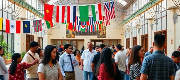 diverse hub community, content, people engaging in cultural exchange, photorealistic, community center adorned with multicultural decorations, highly detailed, flags fluttering gently, f/5.6 aperture, harmonious colors, indoor lighting, shot with a 24-70mm lens.