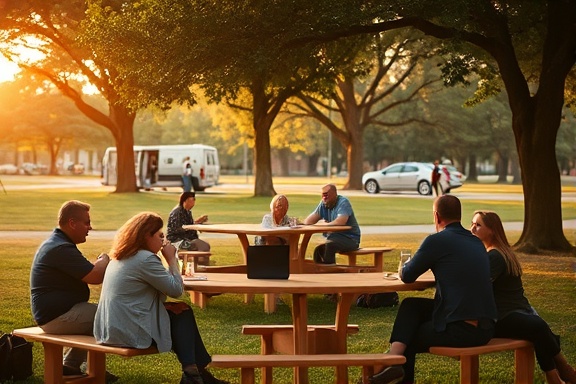 warm hub community, inviting, group enjoying a picnic, photorealistic, open park area with picnic tables and trees, highly detailed, gentle breeze, f/3.5 aperture, warm hues, diffused afternoon light, shot with a 50mm lens.