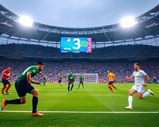 active sports hub, determined, players in a soccer match, photorealistic, wide open field with stadium lights and scoreboard, highly detailed, blurred action of players, ISO 400, bold colors, stadium lighting, shot with a 70-200mm lens.
