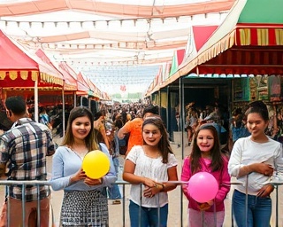 inclusive hub events, cheerful, families attending a fair, photorealistic, colorful tents and food stalls lining the area, highly detailed, children with balloons, f/2.0 aperture, bright colors, under canopy lighting, shot with a 35mm lens.