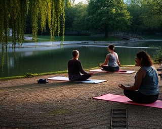 peaceful hub activity, serene, yoga session in progress, photorealistic, tranquil outdoor location with mats laid out near a pond, highly detailed, rustling leaves, shutter speed 1/60s, calm colors, early morning lighting, shot with a 50mm lens.