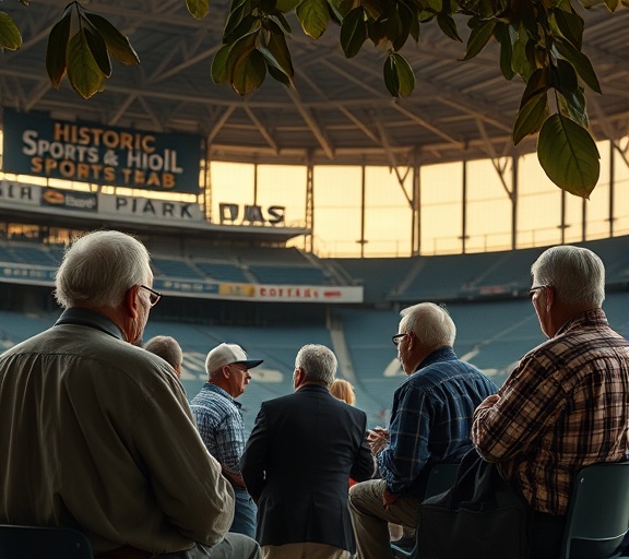 historic sports hub, nostalgic, elderly group reminiscing about past events, photorealistic, old stadium with vintage signs and memorabilia, highly detailed, wind moving past leaves, f/4.5 aperture, muted colors, sunset glow, shot with an 85mm lens.