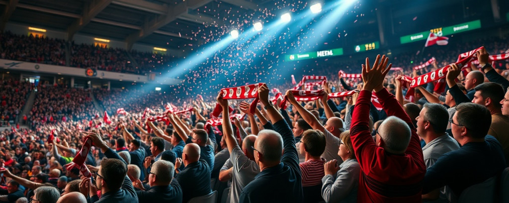 dynamic hub fan, passionate, supporters raising scarves, photorealistic, crowded seating area with armrests and drink holders, highly detailed, echo of chants, shutter speed 1/250s, intensified colors, artificial night lights, shot with a 70-200mm lens.