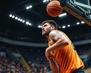 focused basketball player, intense concentration, making a slam dunk, photorealistic, indoor basketball court beneath arena lights, highly detailed, motion blur of the crowd, sharp focus, vivid colors, bright stadium lighting, shot with a 70-200mm zoom lens.