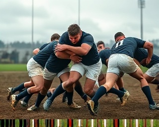 agile rugby match, fierce opponents, locking in a tackle, photorealistic, muddy field under overcast sky, highly detailed, dirt flying off the ground, smooth textures, earth tones, diffused lighting, shot with a 24-70mm lens.