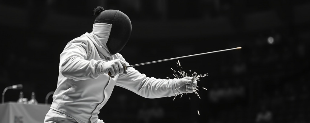 skilled fencer, intense focus, delivering a precise thrust, photorealistic, competition arena with judges and audience, highly detailed, sparks from weapon, clean lines, monochrome theme, spotlight lighting, shot with a 300mm lens.