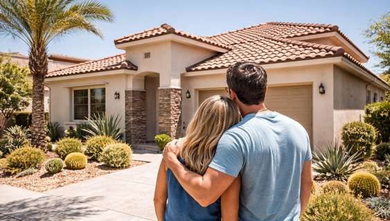 Las Vegas homeowners admiring their newly installed tile roof in a suburban neighborhood
