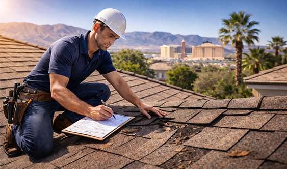 Roofer kneeling on a Las Vegas home roof inspecting and documenting damaged asphalt shingles with mountains and city skyline in the background.
