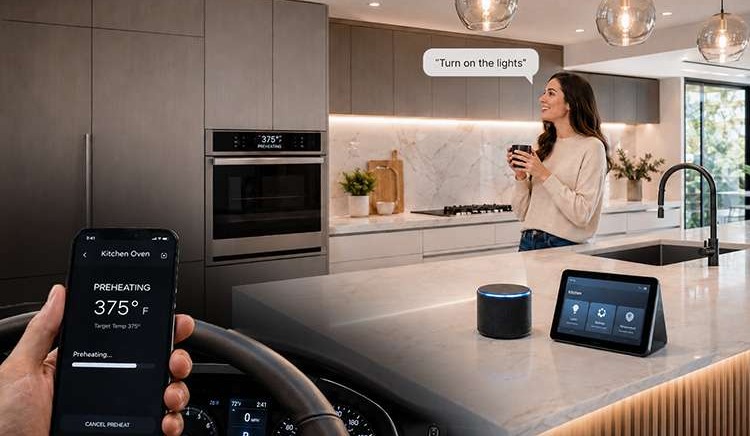Modern Las Vegas kitchen remodel with smart oven controls, voice-activated lighting, clean cabinetry, and integrated smart home technology.