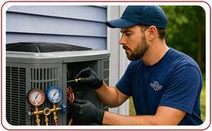 HVAC technician repairing AC unit in residential neighborhood Central Kentucky