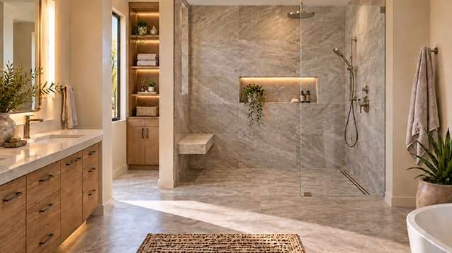 Modern accessible curbless walk-in shower in a Las Vegas primary bathroom with full-height porcelain tile and built-in linen storage