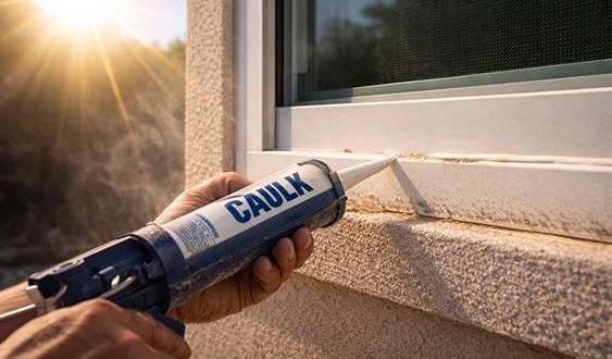 Homeowner improperly caulking outside window frame on a hot Las Vegas day