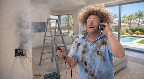 Homeowner attempting DIY electrical repair with exposed wiring and smoke damage, illustrating risks of improper home projects
