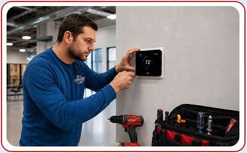 Technician installing commercial smart thermostat on wall in warehouse in Central Kentucky