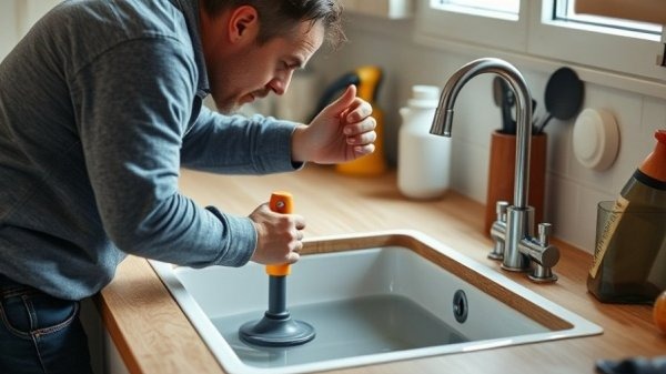 Homeowner trying to fix a clogged kitchen sink in Las Vegas, thinking he might need an expert plumber..
