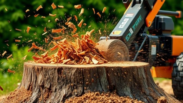 Close-up of stump grinding service, wood chips flying, lush background.