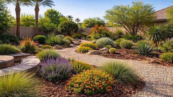 Well-manicured Las Vegas backyard garden with drought-tolerant plants, gravel pathways, and colorful desert flowers under strong sunlight