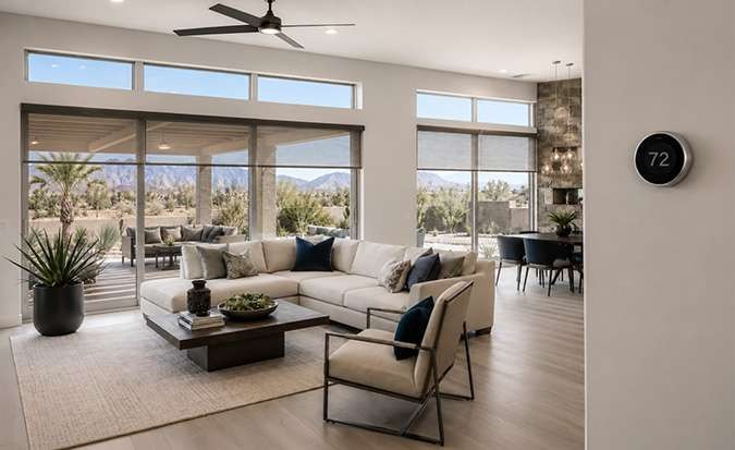 Energy-efficient Las Vegas home interior with smart thermostat, updated windows, motorized shades, and covered patio outside