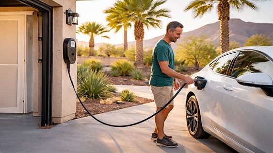 Las Vegas homeowner charging an electric vehicle at a professionally installed home EV charger, highlighting safe, efficient residential EV setup in a desert climate.