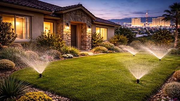 Clark County’s Winter Watering Schedule Tips from Plumbers Showing Las Vegas home being watered in the evening