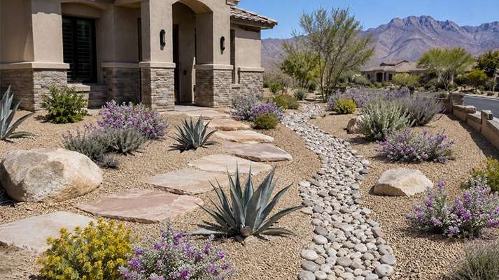 Las Vegas rock landscaping with decomposed granite, river rock drainage, flagstone walkway, boulders, agave, and purple flowering desert shrubs