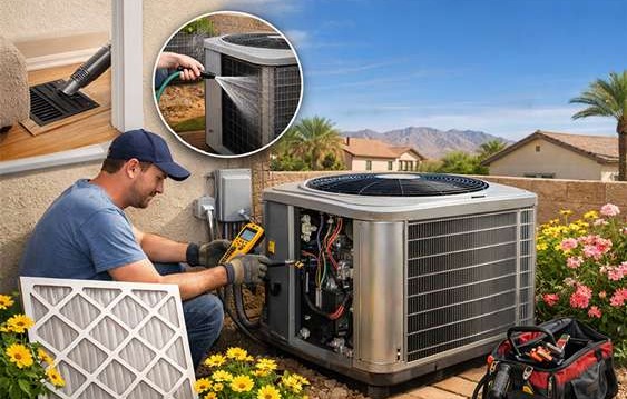 Spring AC Maintenance Tips: Technician servicing HVAC unit with tools.