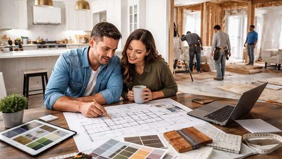 Smiling couple at a table planning a whole home remodel while contractors work in the background