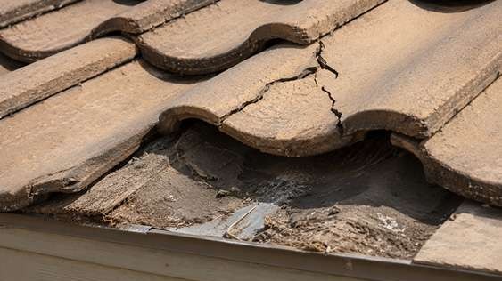 Cracked clay roof tile with exposed worn underlayment showing desert climate roof damage