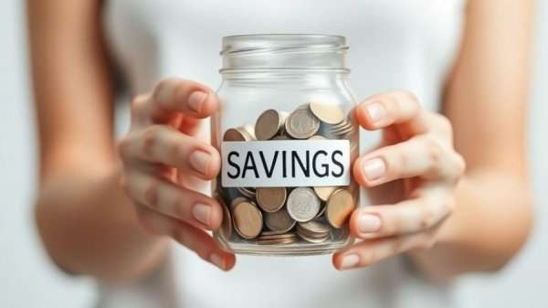 Jar labeled 'SAVINGS' held in hands, symbolizing financial savings when buying a heat pump.