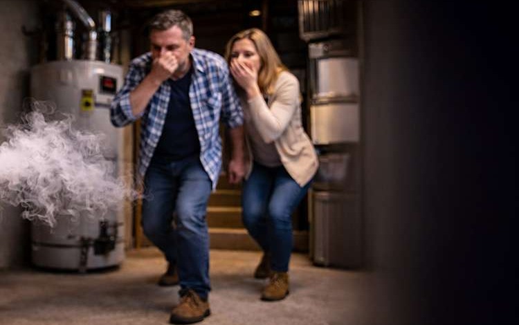 homeowners finding a gas leak in their basement shocked and holding their noses