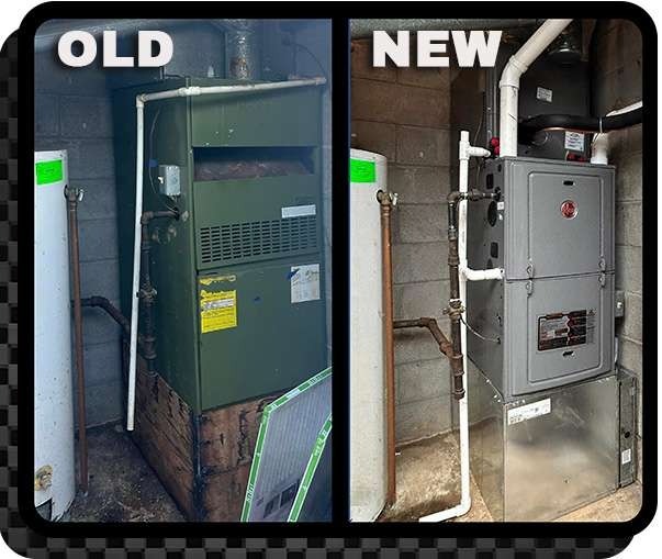 An outdated furnace on the left and a new furnace on the right installed by Anderson Heating and Cooling Central Kentucky