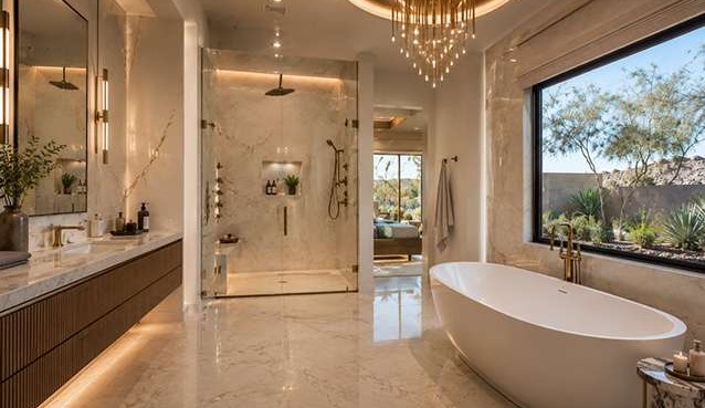 Luxury Las Vegas bathroom remodel with marble tile, freestanding soaking tub, walk-in shower, modern fixtures, and desert landscape view