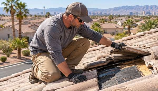 Roof inspector checking tile roof underlayment condition on a Las Vegas home