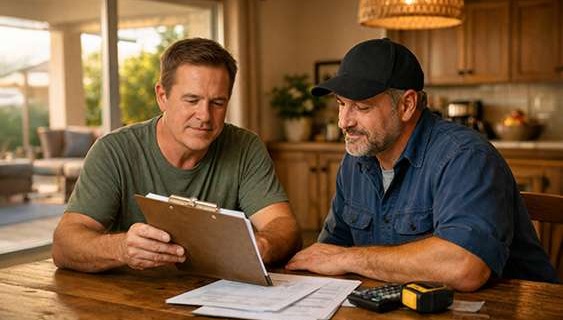 homeowner reviewing home repair estimates with contractor at kitchen table in Las Vegas home