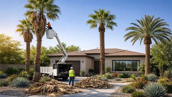 Professional palm tree trimming service at a Las Vegas residential property with desert landscaping