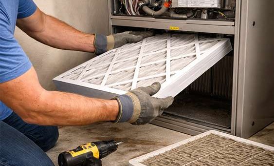 HVAC contractor changing furnace filter in a Las Vegas home setting.